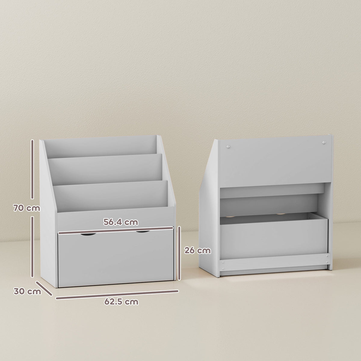 Dimensions of the grey kids bookcase showing height, width and depth