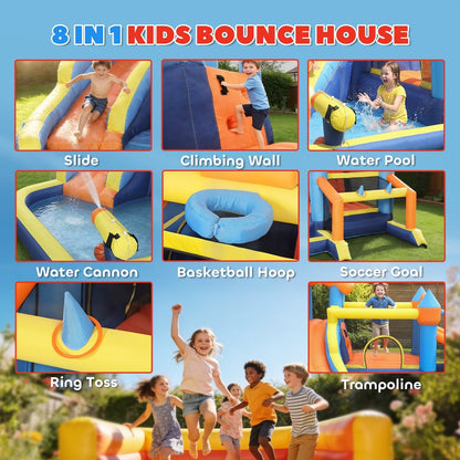 Features of the kids bounce house including slide, climbing wall, pool and basketball hoop
