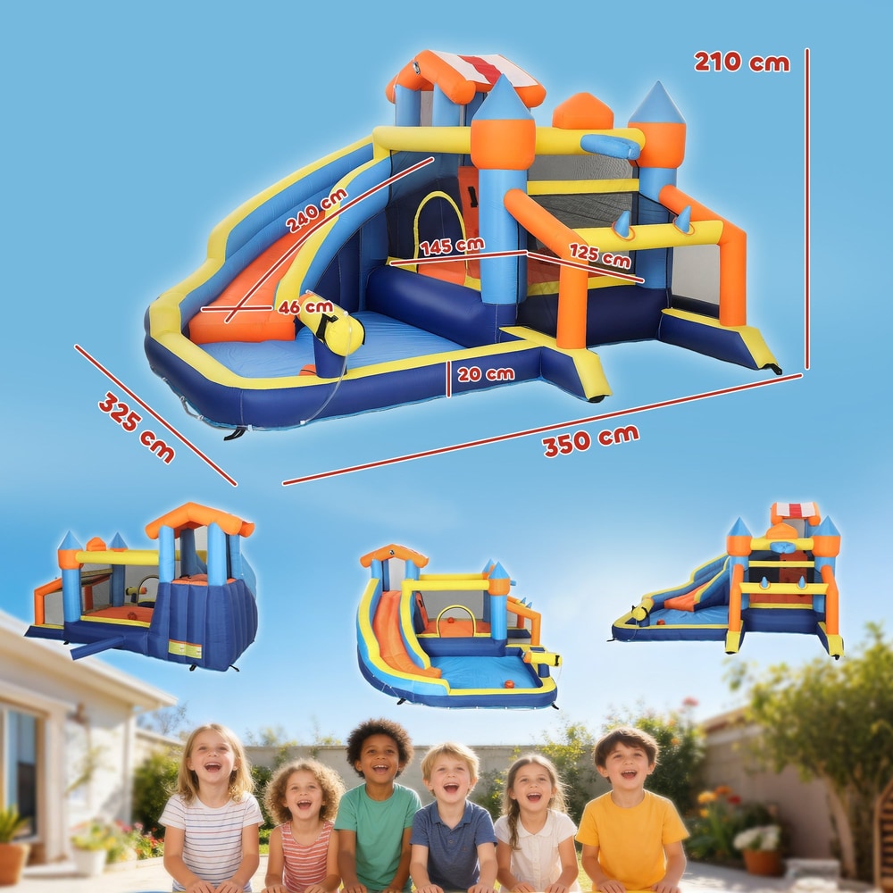 Dimensions of the inflatable bounce house with slide, pool and climbing wall