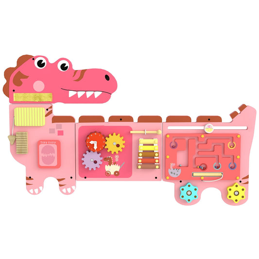 AIYAPLAY Busy Board Panels, a pink dinosaur-themed toddler learning centre with various interactive elements