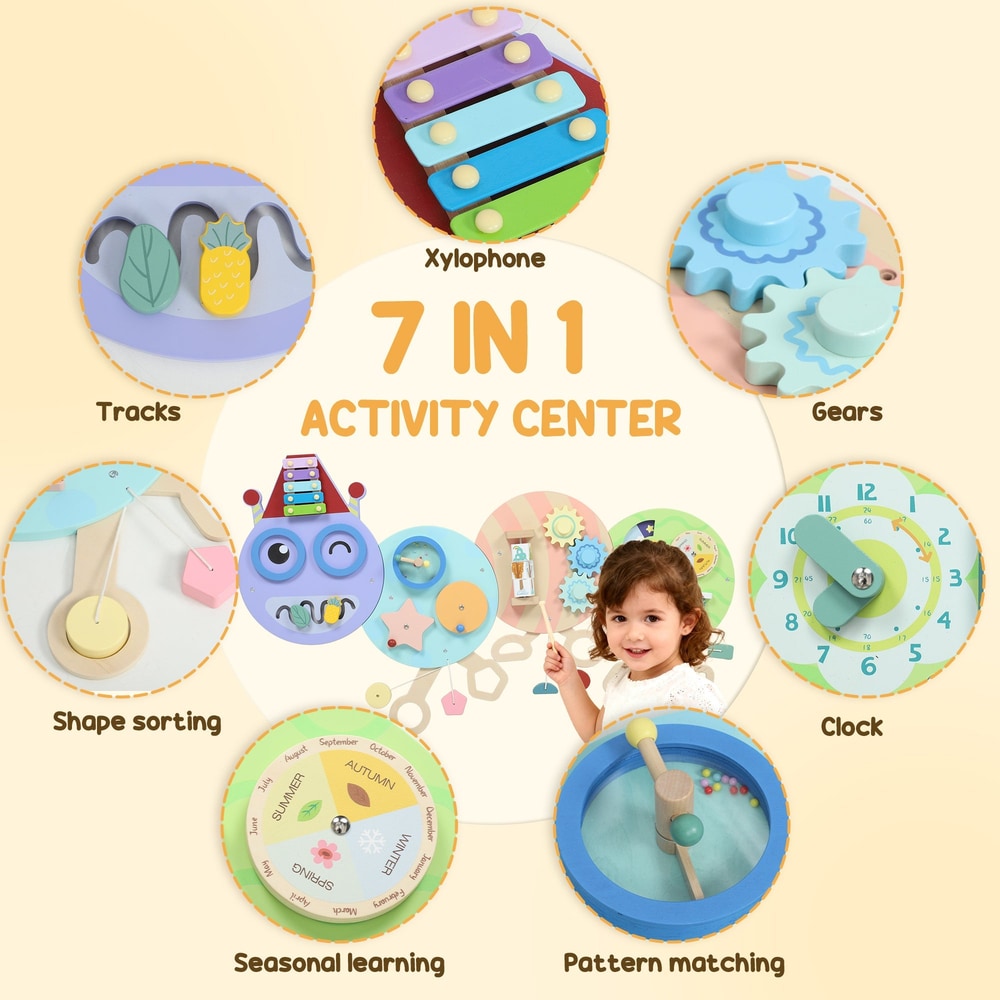 Close up of the caterpillar busy board showing 7 activities including clock and gears