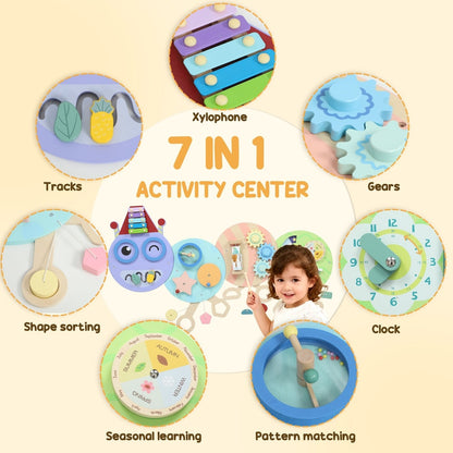 Close up of the caterpillar busy board showing 7 activities including clock and gears