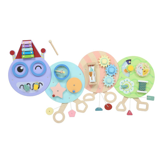 AIYAPLAY Caterpillar Busy Board with 7 Activities, a wooden toy with xylophone, gears, clock and shape sorting