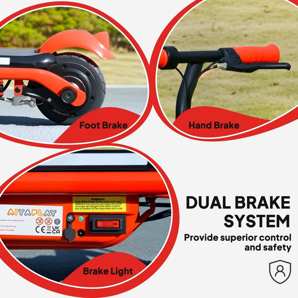 Close-up views of the red kids electric scooter showing the foot brake and hand brake controls