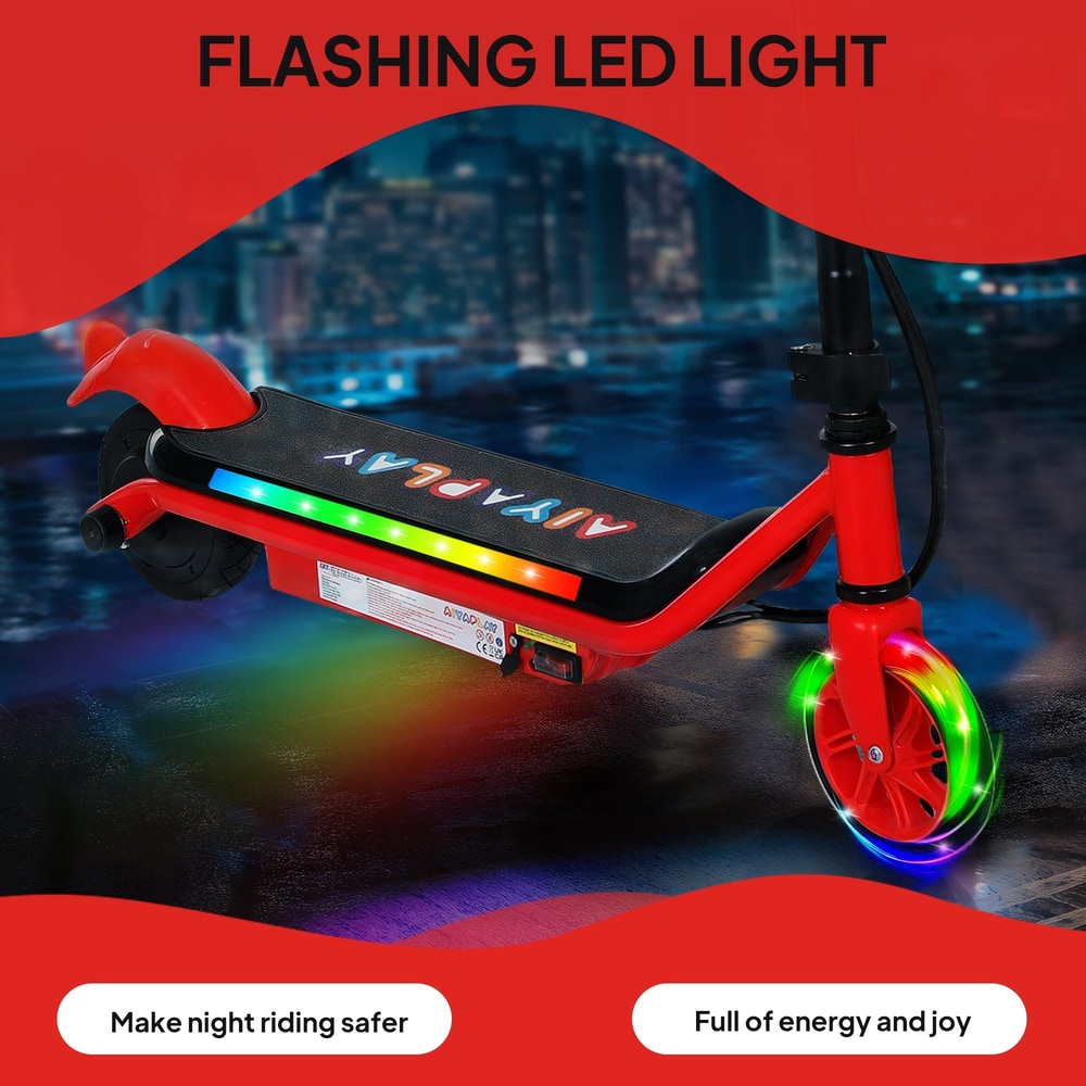 Close-up of the red kids electric scooter deck showing colourful flashing LED lights