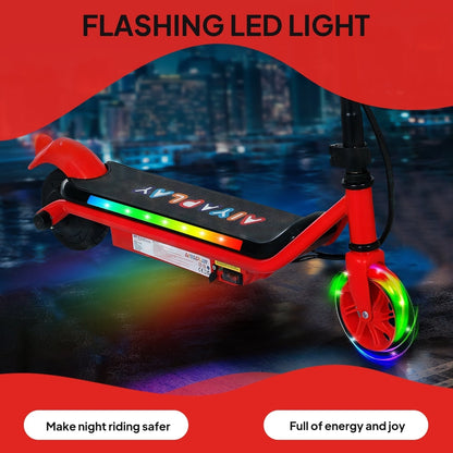 Close-up of the red kids electric scooter deck showing colourful flashing LED lights