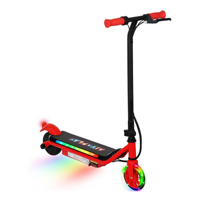 AIYAPLAY Electric Scooter for Kids Aged 6-14 Years, a red electric scooter with colourful lights on the deck and wheels