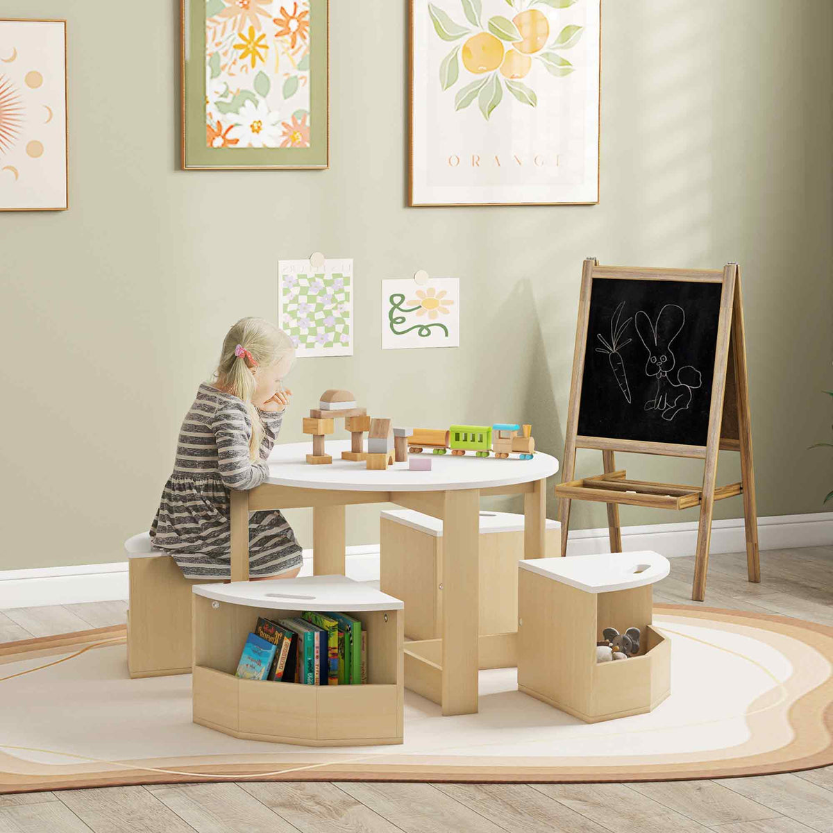 A young girl sits at the white kids table and chairs set, playing with wooden blocks