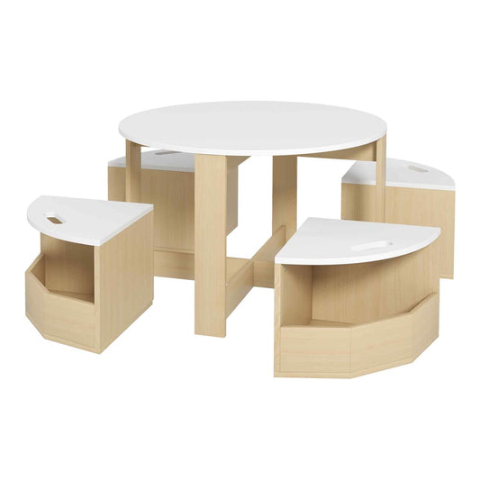 AIYAPLAY Five-Piece Kids Table and Chairs Set with Storage, white round table with four storage chairs