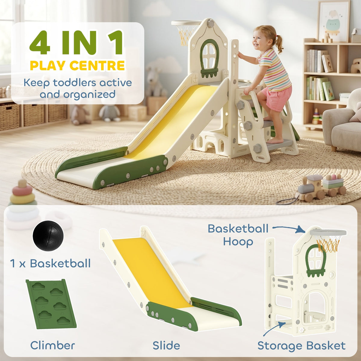 The toddler slide components labelled as climber, slide and storage basket