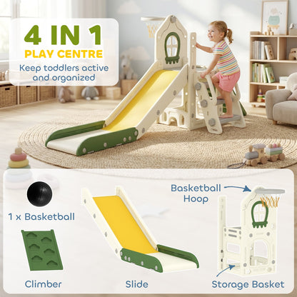 The toddler slide components labelled as climber, slide and storage basket