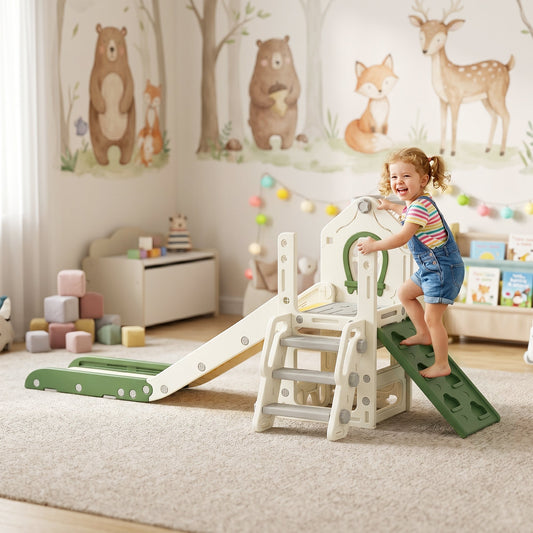 A young child climbing the steps of the toddler slide in a decorated nursery room