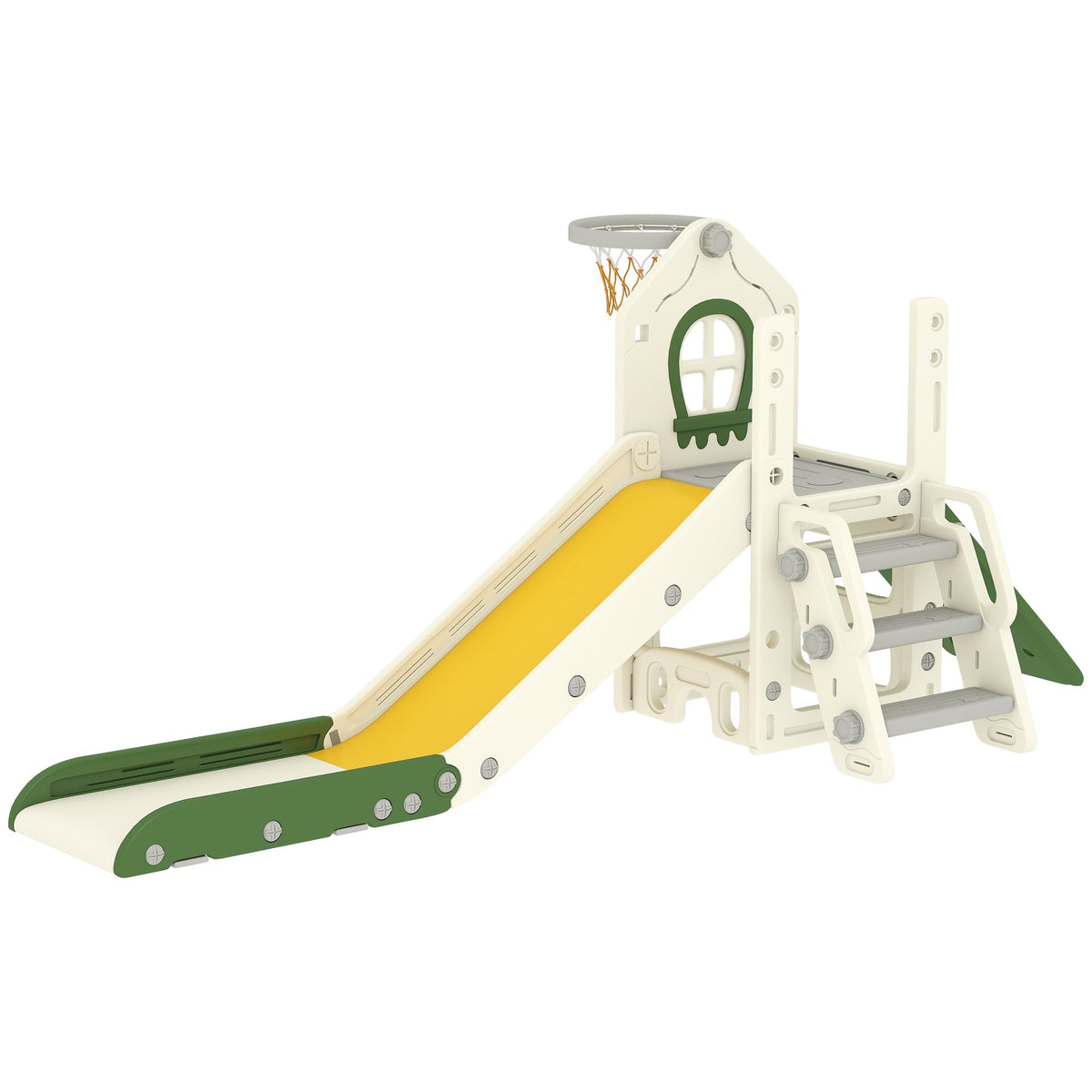 AIYAPLAY Foldable 4 in 1 Toddler Slide with Climber in cream and green with a basketball hoop