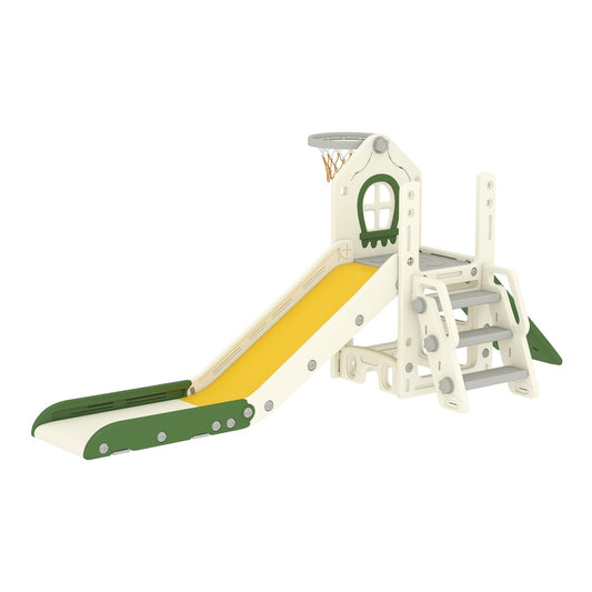 AIYAPLAY Foldable 4 in 1 Toddler Slide with Climber in cream and green with a basketball hoop