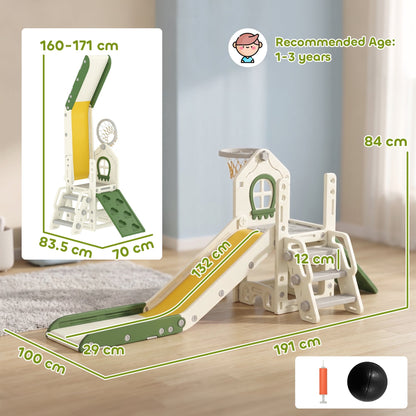 The toddler slide with annotated dimensions and a small basketball and pump shown