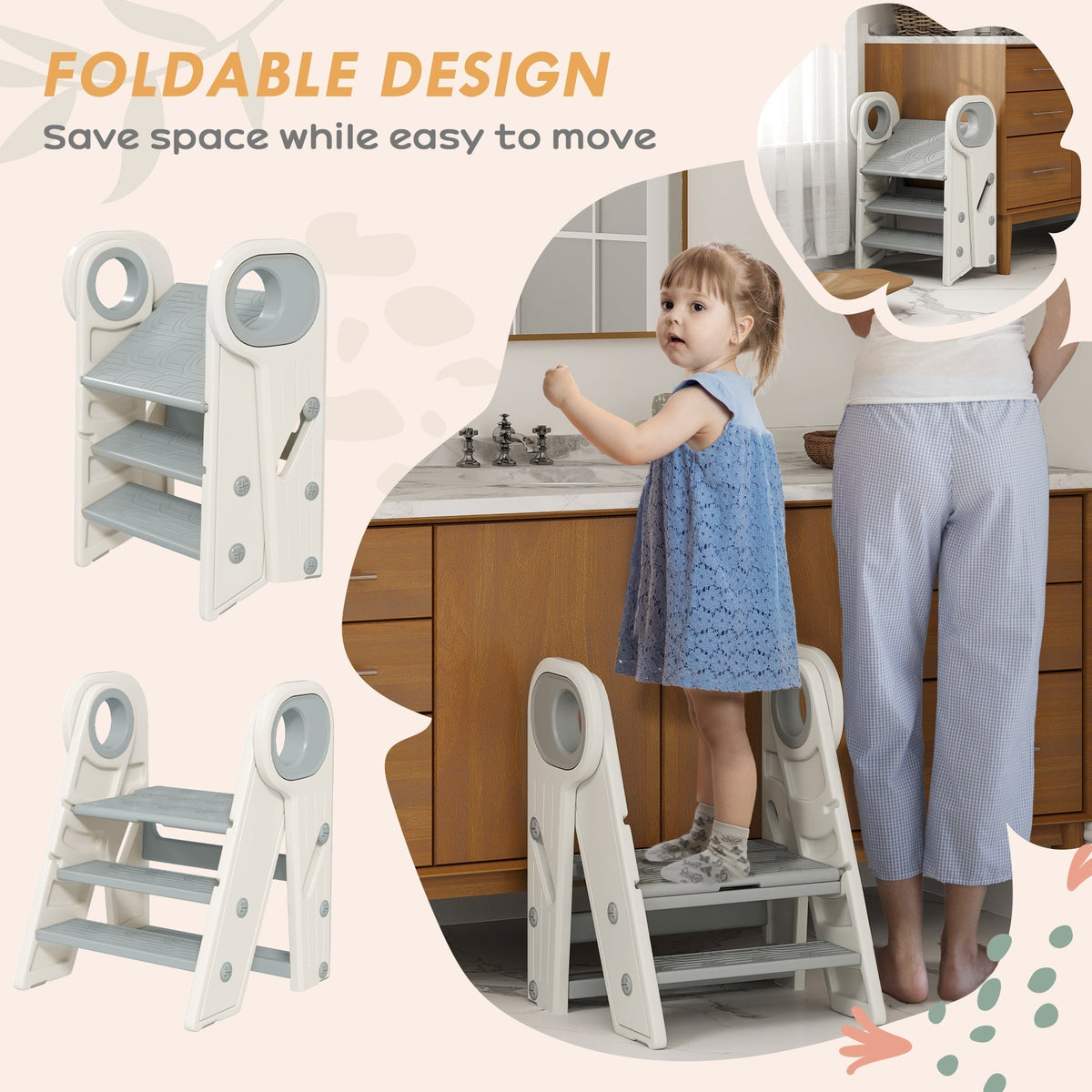 A grey foldable and adjustable kids step stool is shown in a folded position and in use