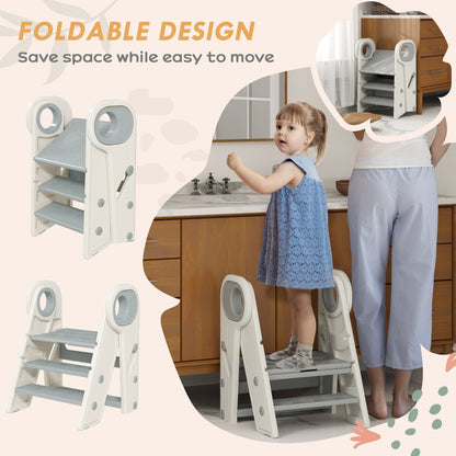 A grey foldable and adjustable kids step stool is shown in a folded position and in use