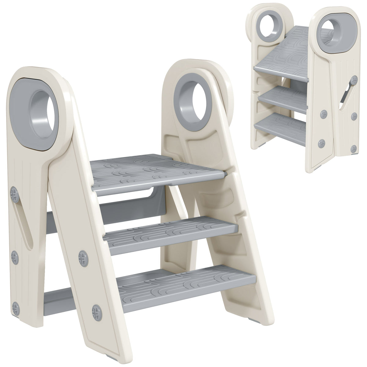 AIYAPLAY Foldable and Adjustable Kids Step Stool with Handle, grey, with three steps and a handle