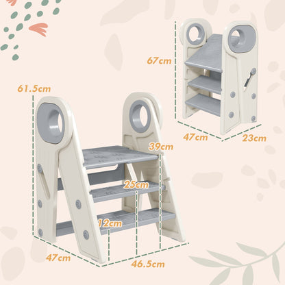 A size diagram shows the dimensions of the grey foldable and adjustable kids step stool