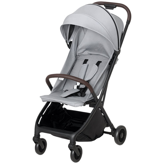 AIYAPLAY Foldable Baby Stroller with Adjustable Seat in light grey with a brown handle and bumper bar