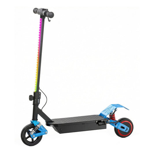 AIYAPLAY Foldable Kids Electric Scooter with LCD Display in blue with colourful lights on the handlebars
