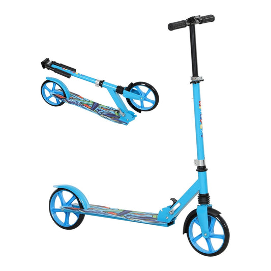 AIYAPLAY Foldable Kids Scooter with Adjustable Handlebar, blue with colourful graphics, shown folded and unfolded