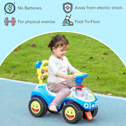 Child using the blue foot to floor toddler ride on toy with text about features