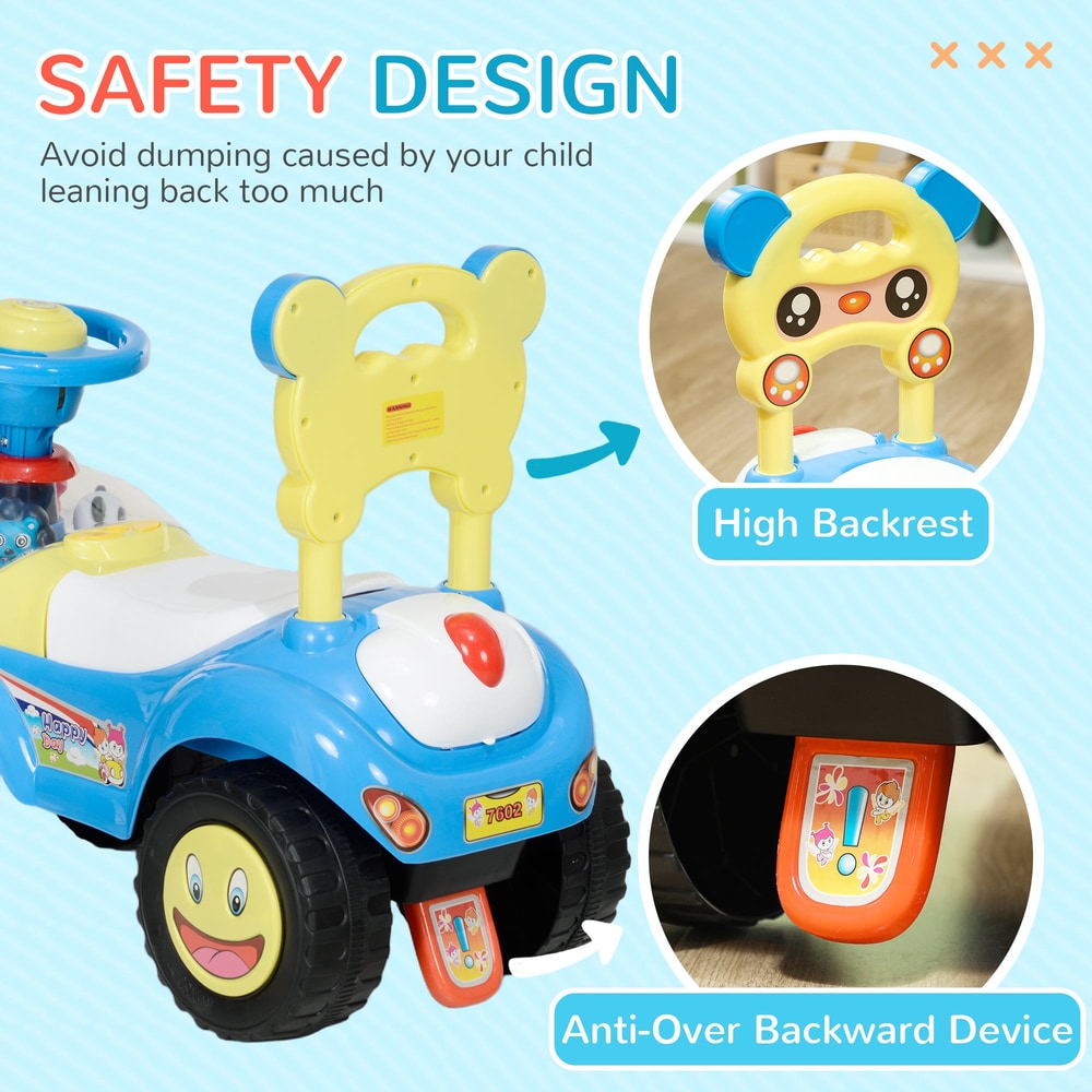 Safety features of the blue foot to floor toddler ride on toy