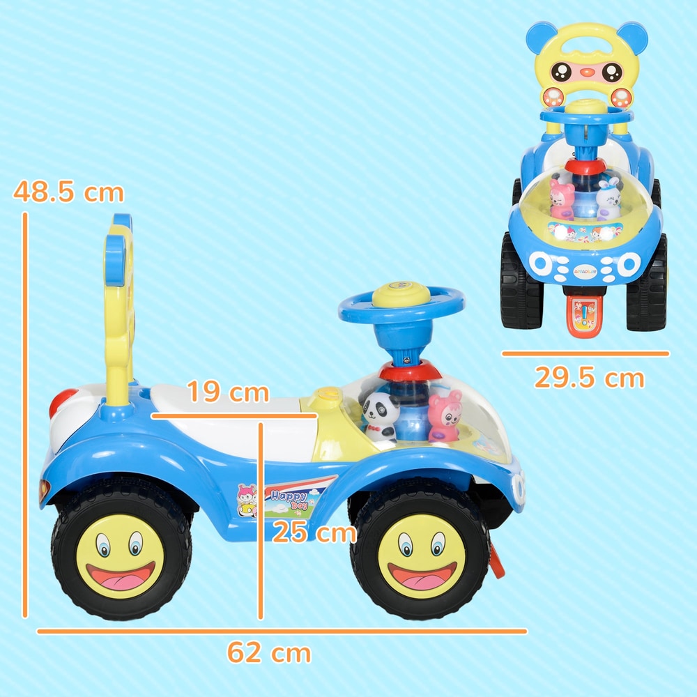 Blue foot to floor toddler ride on toy with dimensions shown