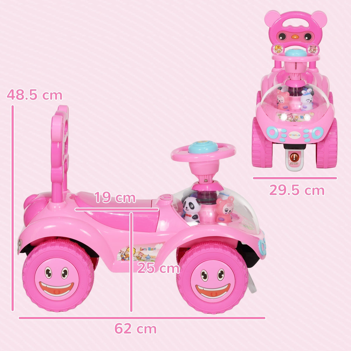 Pink foot to floor toddler car with dimensions shown for length, height and seat