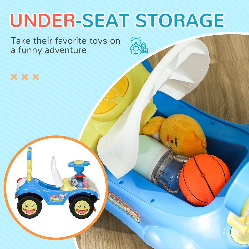 Under seat storage compartment of the blue toddler ride on car