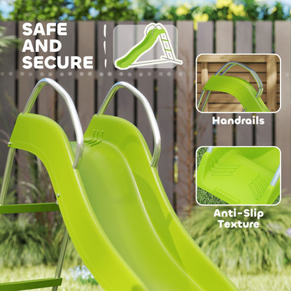 Close up of the green kids slide showing handrails and anti-slip texture