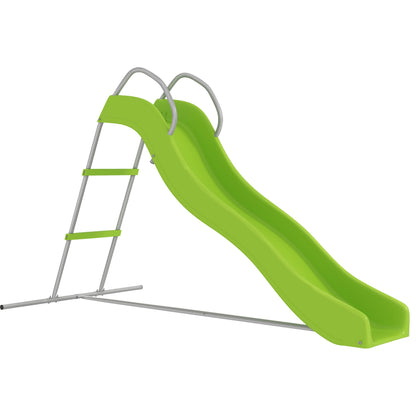 AIYAPLAY Freestanding Kids Slide with Climbing Ladder, a green slide with silver metal supports