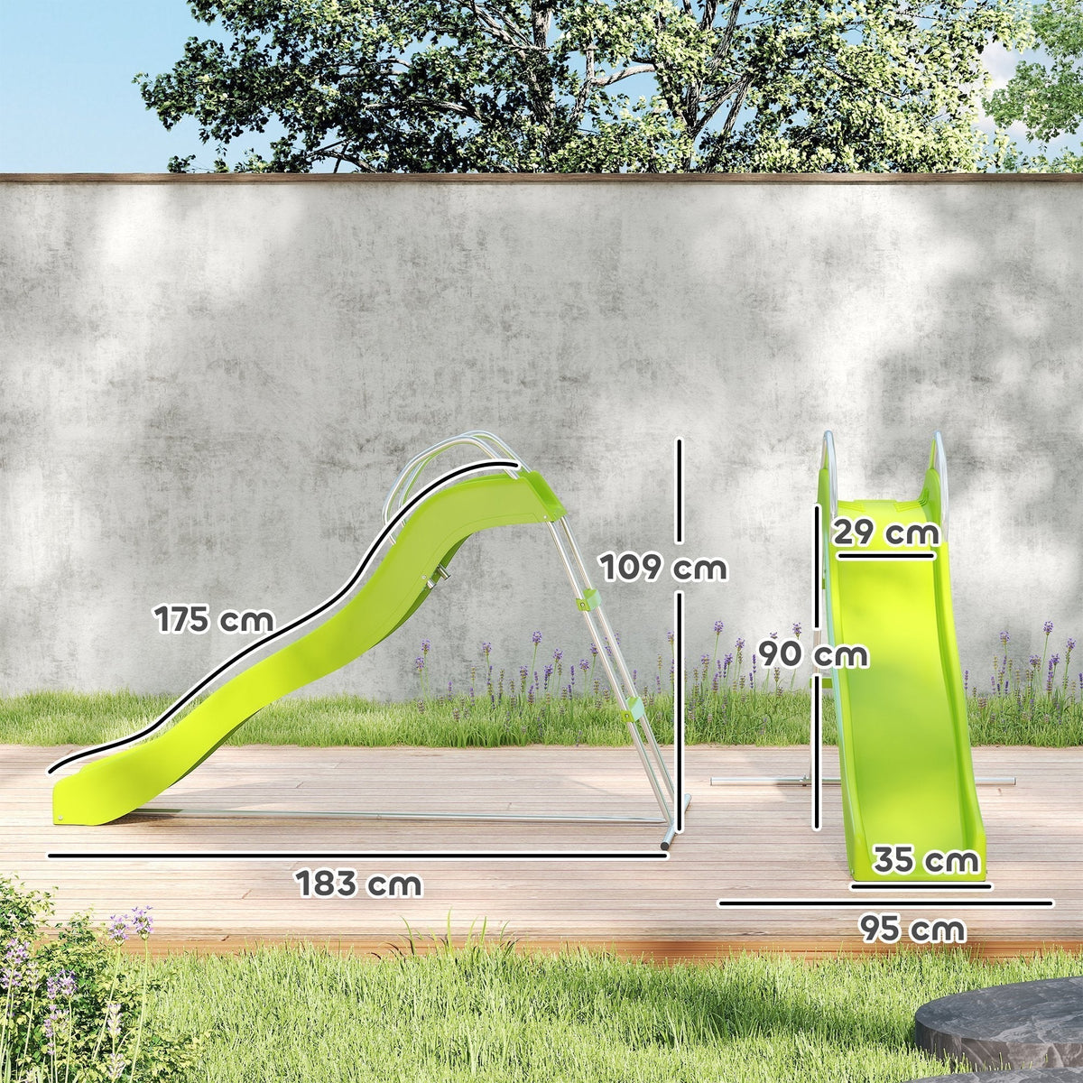 The green kids slide with dimensions shown for length and width