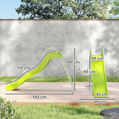 The green kids slide with dimensions shown for length and width
