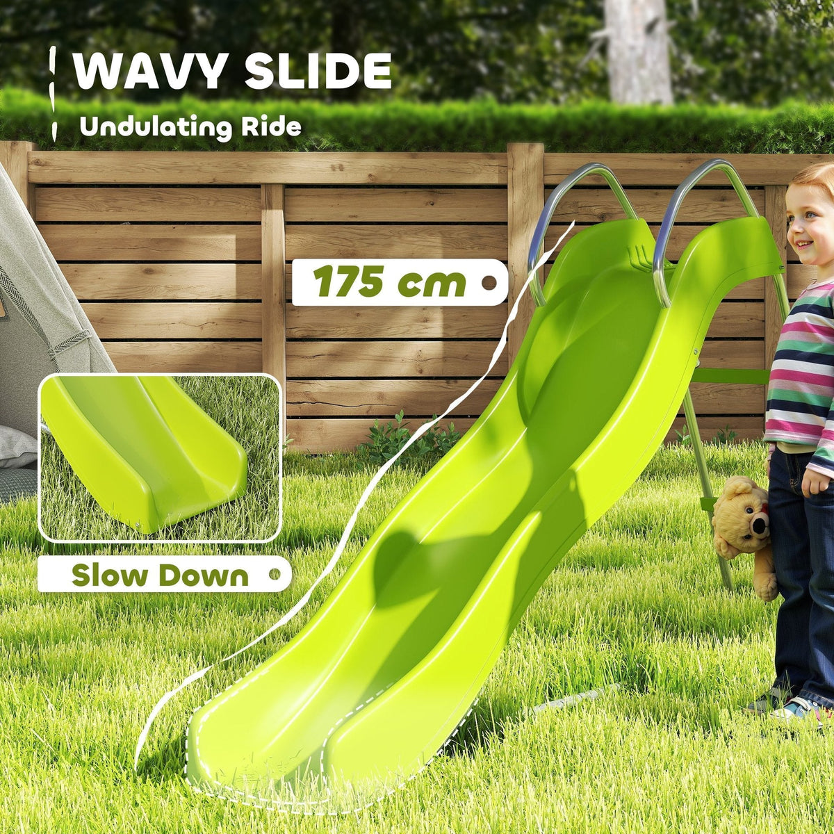 The green kids slide with wavy surface and slow down section