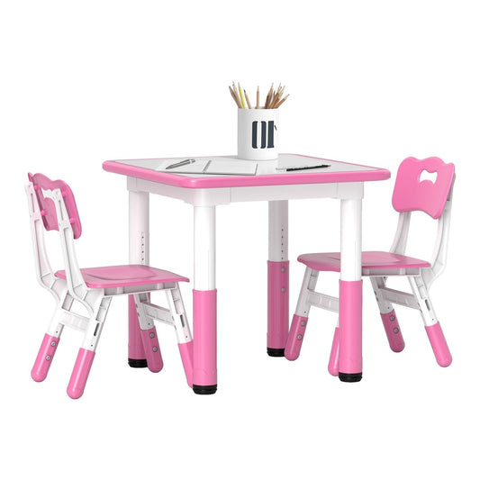 AIYAPLAY Height Adjustable Toddler Table and Chair Set, a pink table with two pink chairs