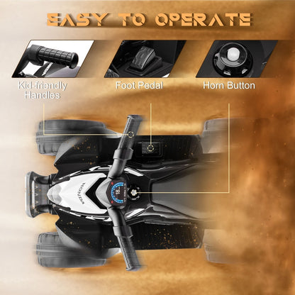 Close up of the black kids electric quad bike controls and steering wheel