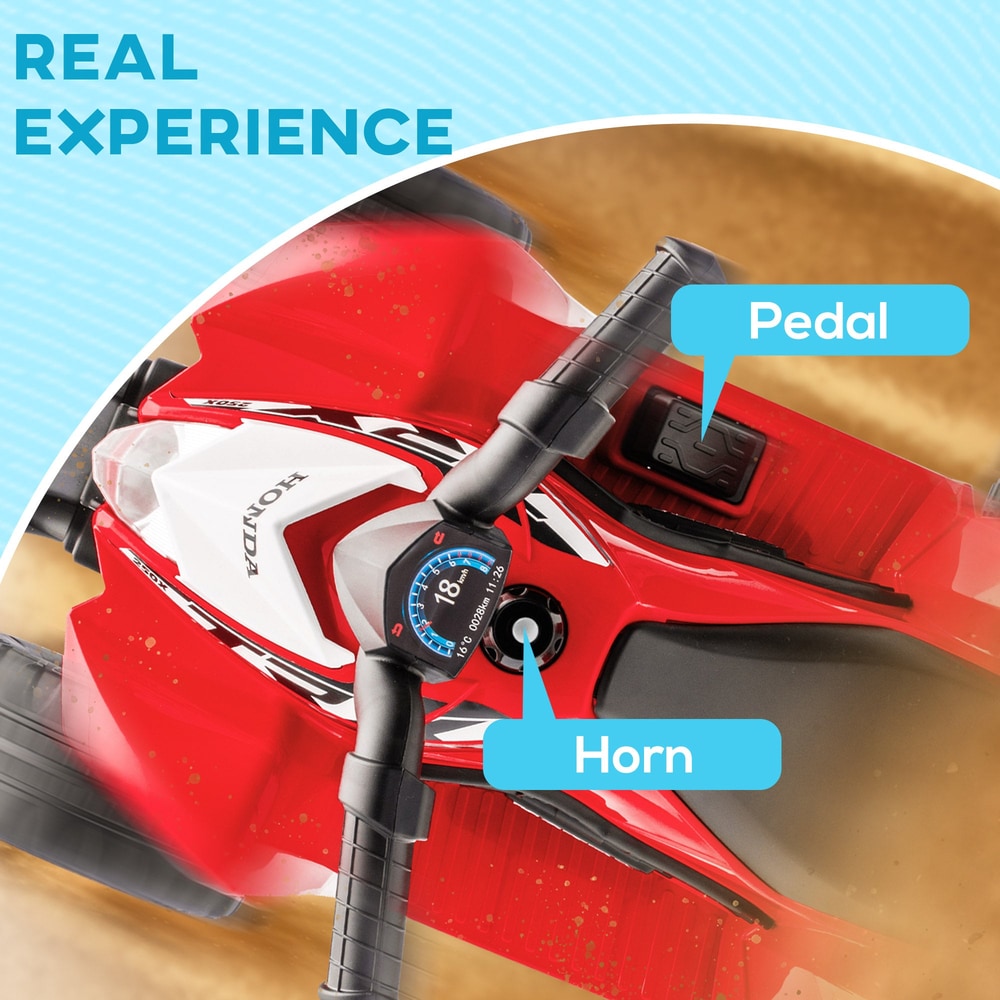 Top view of the electric quad bike handlebars with labels pointing to the pedal and horn