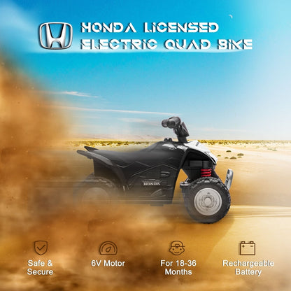Honda licensed electric quad bike in a desert setting with feature icons