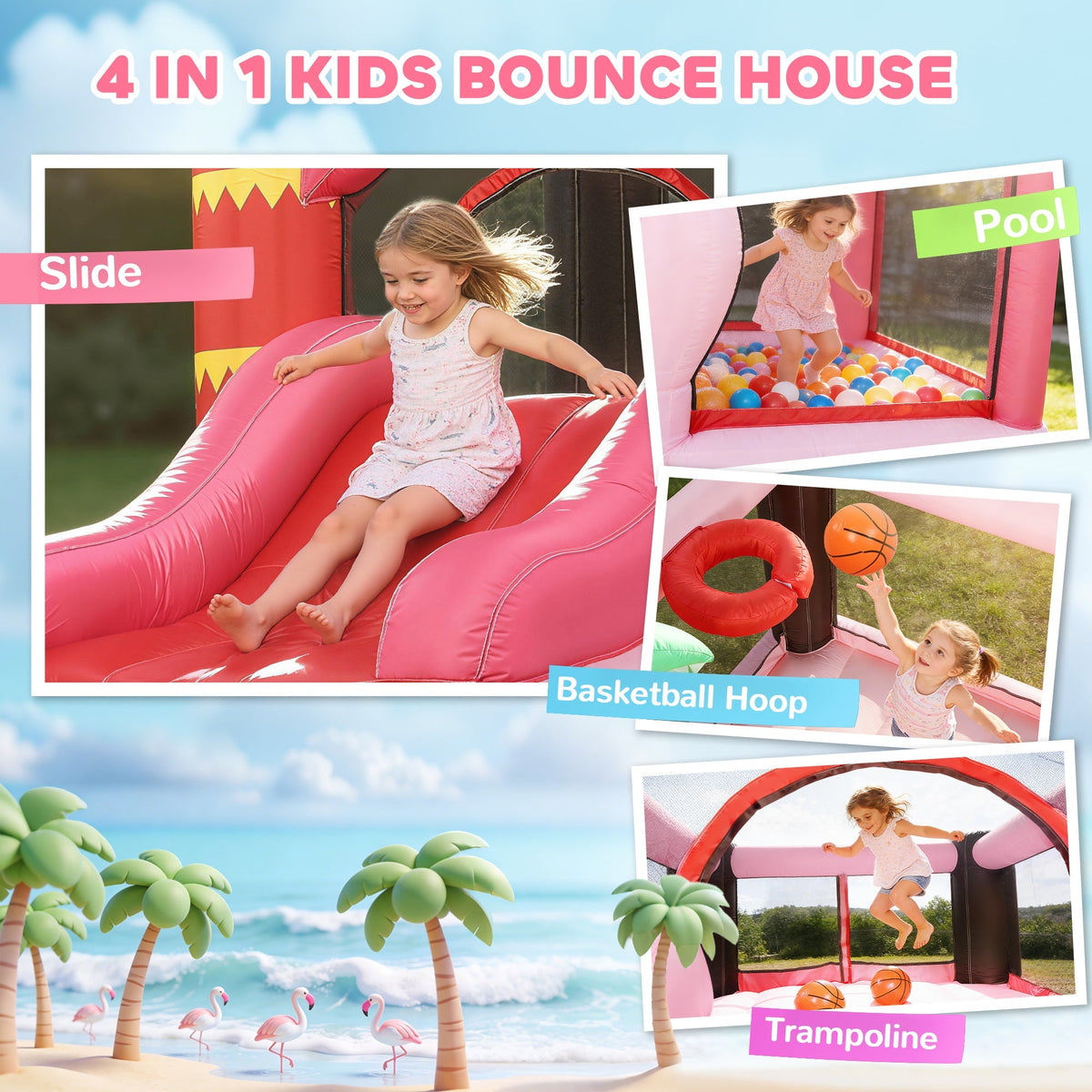 Four collage views showing the slide, ball pit, basketball hoop and trampoline areas of the bouncy castle