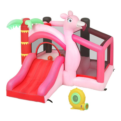 AIYAPLAY Inflatable Bounce House for Kids with Slide, Ball Pit, Basketball Hoop and Blower, pink flamingo design