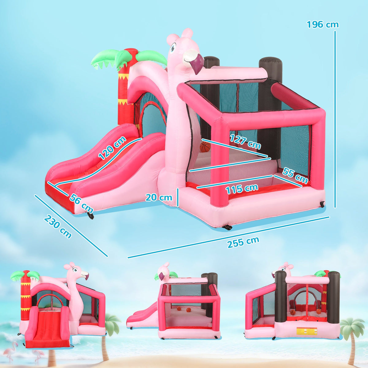 Dimensions of the pink inflatable bounce house with slide, ball pit and basketball hoop