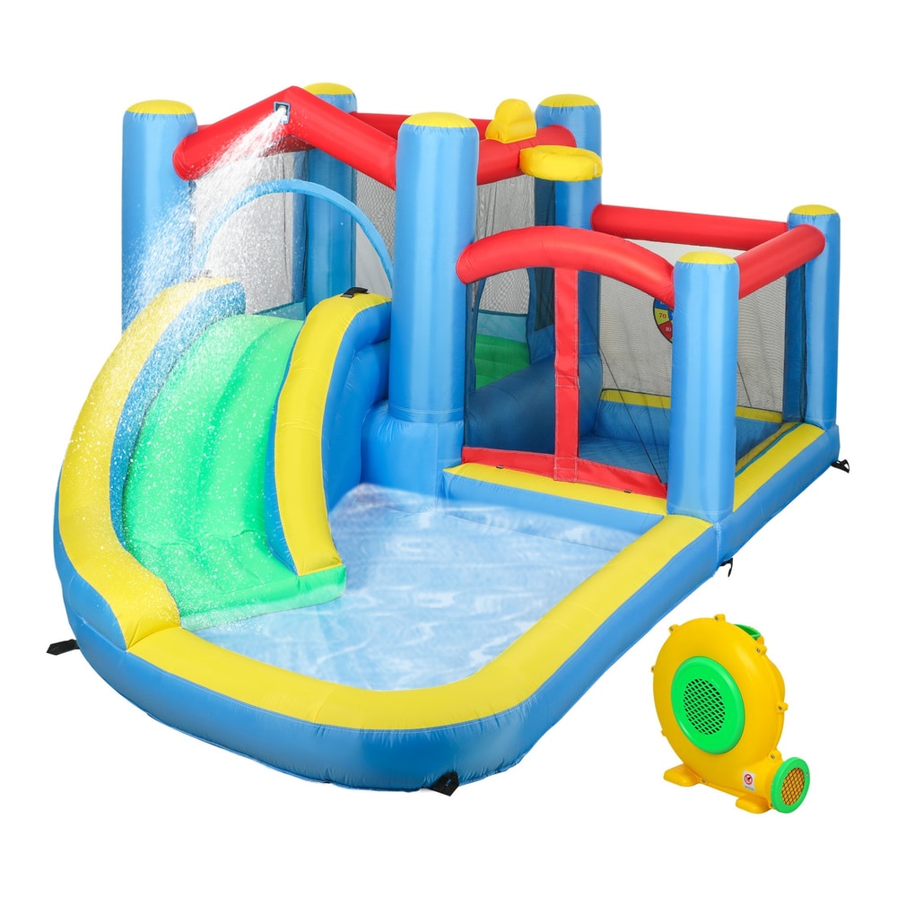 AIYAPLAY Inflatable Bouncy Castle with 550W Blower shown with the electric air pump beside it
