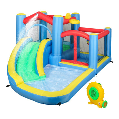 AIYAPLAY Inflatable Bouncy Castle with 550W Blower shown with the electric air pump beside it