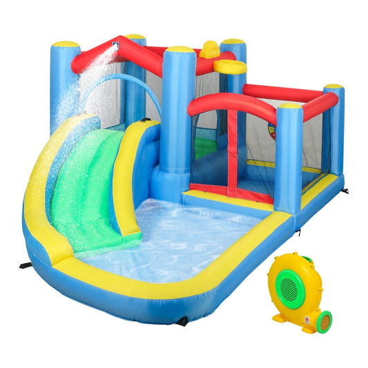AIYAPLAY Inflatable Bouncy Castle with 550W Blower shown with the electric air pump beside it
