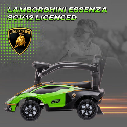 The green Lamborghini ride-on car with a push handle and a child in the background