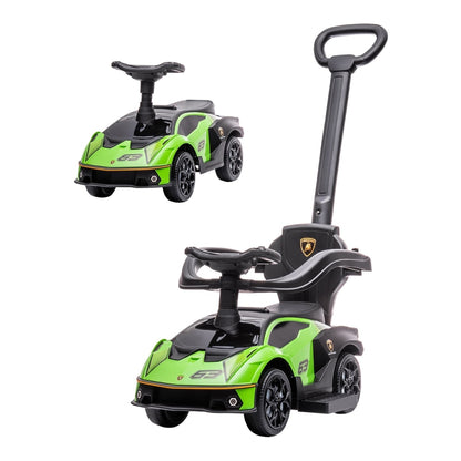 AIYAPLAY Kids 2-In-1 Lamborghini Ride-On and Stroller, a green toy car with a push handle and steering wheel