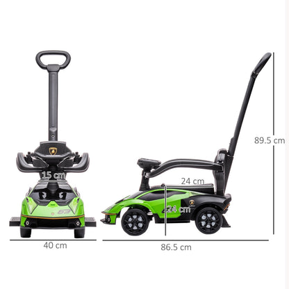 Dimensions shown for the green ride-on pushcar, with height and width measurements