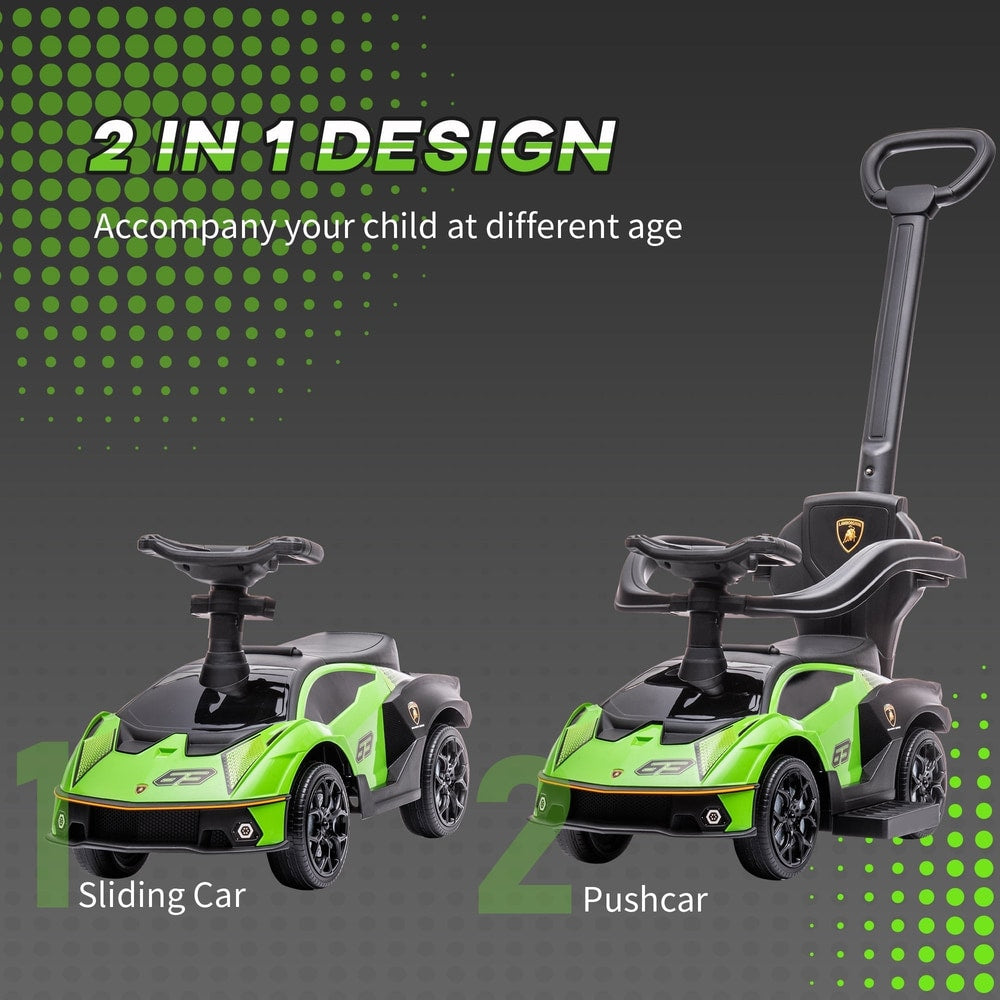Two green ride-on cars shown, one as a sliding car and the other as a pushcar